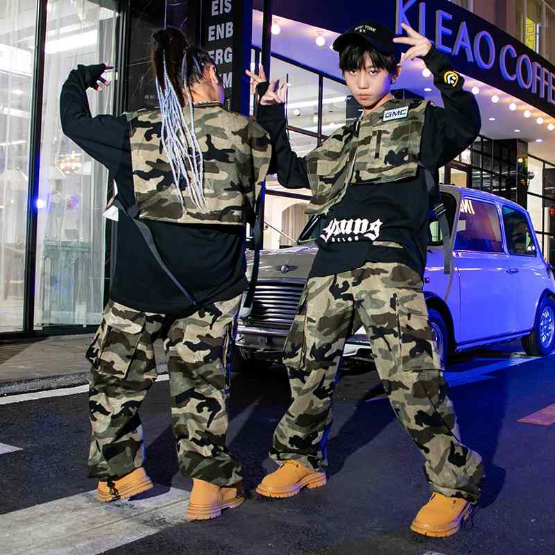 子供 ストリート ダンス 迷彩 ベスト セット ヒップホップ 男の子 女の子 ステージ キャットウォーク パフォーマンス 衣装 ジャズ