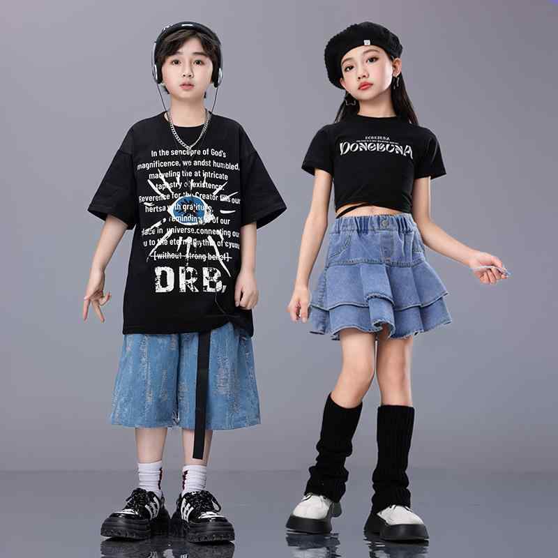子供服 キッズ ダンスウェア 韓国 ガールズ ヒップホップ 衣装 パフォーマンス デニム カジュアル レトロ ストリート アクティブ