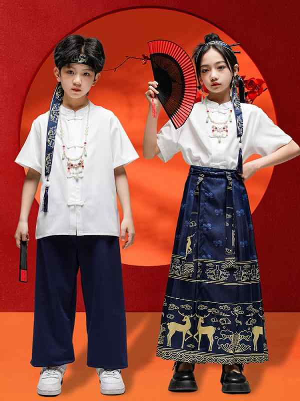 子供服 合唱 公演 男の子 女の子 漢服 チャイナ風 舞踊 鹿柄 スカート ステージ イベント パフォーマンス 衣装