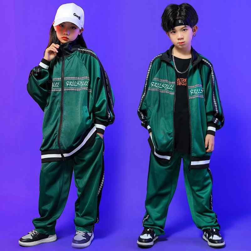 子供用 ヒップホップ ストリート ダンス パフォーマンス 衣装 チャイナ風 レトロ セットアップ 男の子 女の子 キッズ グリーン かっこいい