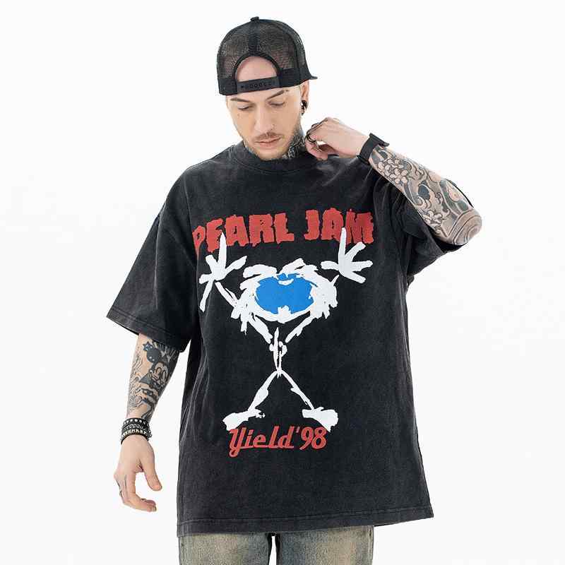 Tシャツ メンズ カジュアル おしゃれ アメリカ ストリート パールジャム 英字 プリント 半袖 コットン オーバー サイズ シャツ 夏 コットンウール生地 ドロップスリーブ