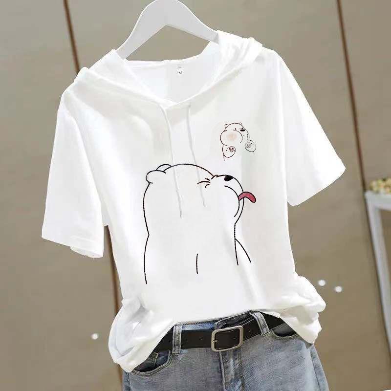 Tシャツ トップス レディース おしゃれ ファッション 半袖 夏 綿 大きいサイズ 韓国 ミドル丈 プリント フード付き パーカー カジュアル ユニーク