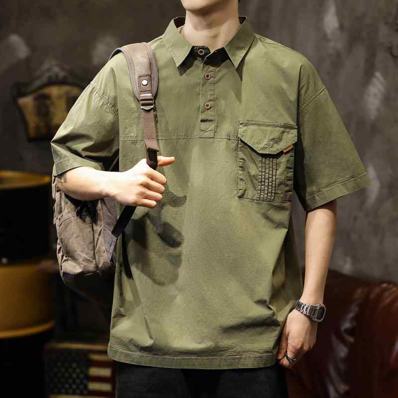 メンズ Tシャツ 半袖 アメリカン 夏 トップス カラーポロシャツ 襟付き ボタン カジュアル ポケット装飾 ゆったり 大きいサイズ 男性用 夏 アーミーグリーン ミリタリー 高級感 綿混紡