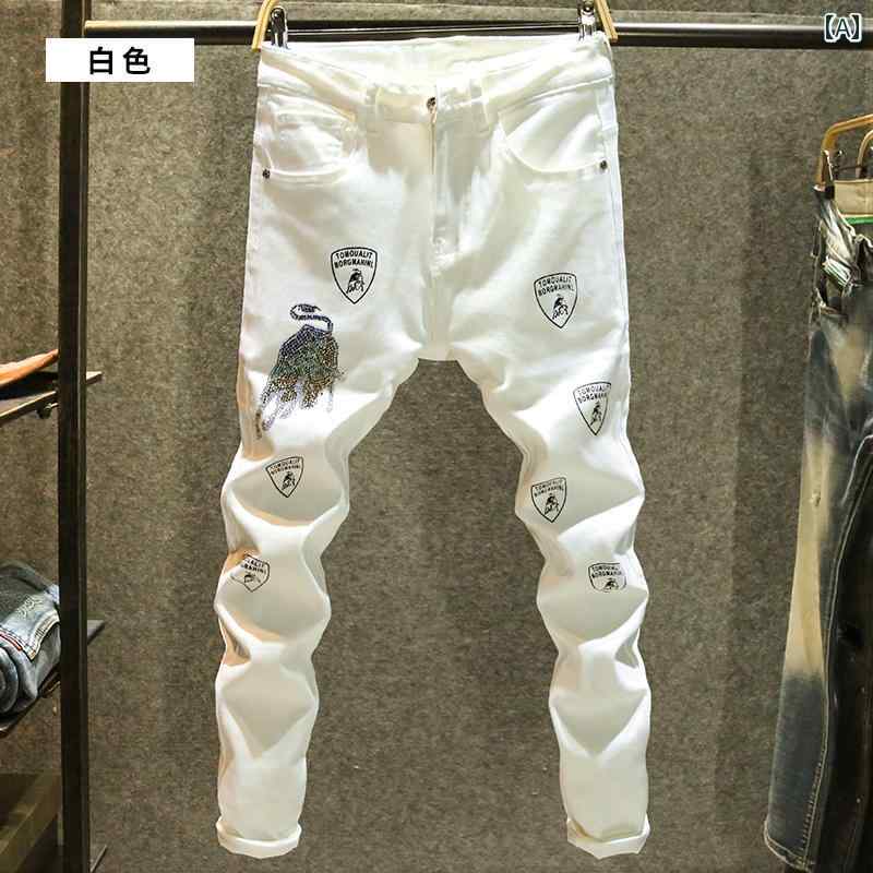 デニムパンツ ホワイト ハイエンド パターン ジーンズ メンズ スリム フィット パンツ プリント ライト 高級感 ロング ストレッチ デニム 夏