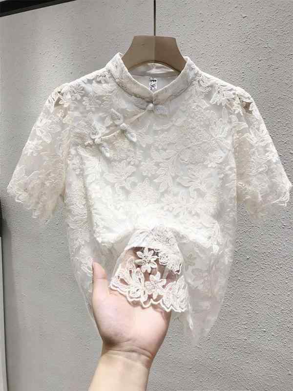 Tシャツ トップス レディース おしゃれ ファッション シンプル シフォン 半袖 夏 薄手 レース チャイナ風 かわいい プルオーバー 花柄
