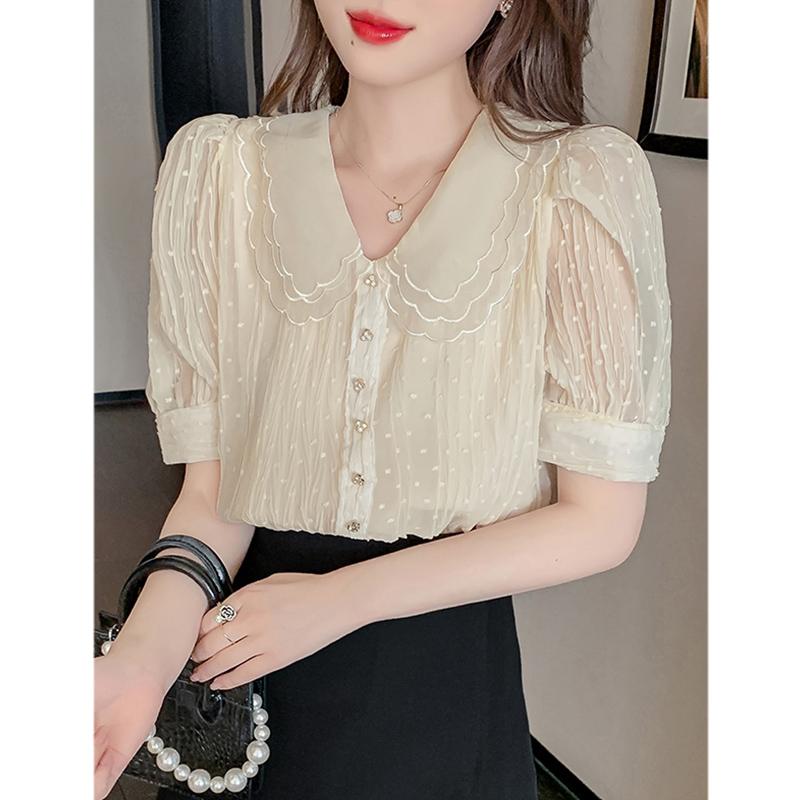 シャツ トップス レディース おしゃれ ファッション シンプル シフォン 夏 半袖 薄手 ドールカラー ゆったり 女性 ガーリー かわいい 8,595円