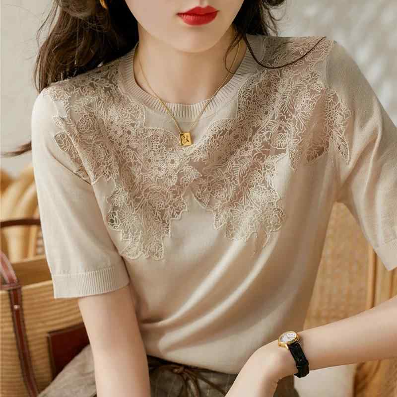 Tシャツ トップス レディース おしゃれ ファッション シンプル 半袖 夏 薄手 冷感 韓国 レース セーター カジュアル アプリコット ラウンドネック 女性|ラ・グラーヌ
