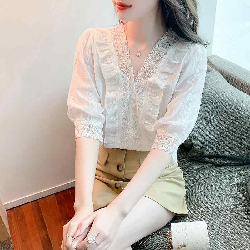 シャツ ブラウス Tシャツ トップス レディース おしゃれ ファッション 半袖 シフォン 夏 薄手 ウエスタン スリム レース カジュアル かわいい｜ラ・グラーヌ