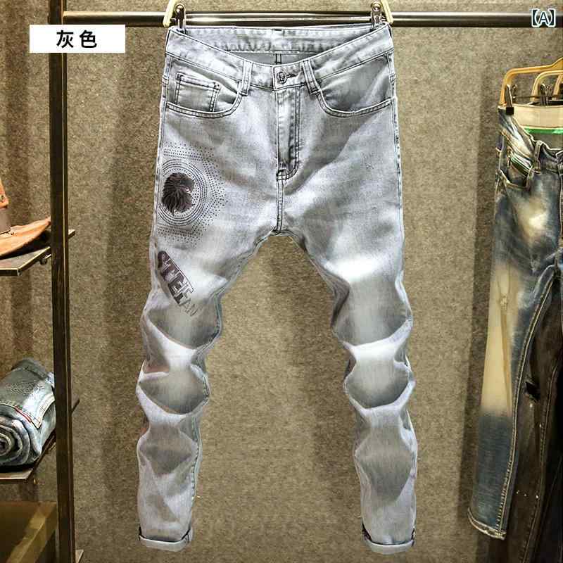 デニムパンツ メンズ ハイエンド グレー ジーンズ スリム フィット サマー イーグルヘッド プリント パンツ 薄手 ストレッチ デニム オールシーズン 手洗い ダメージ加工