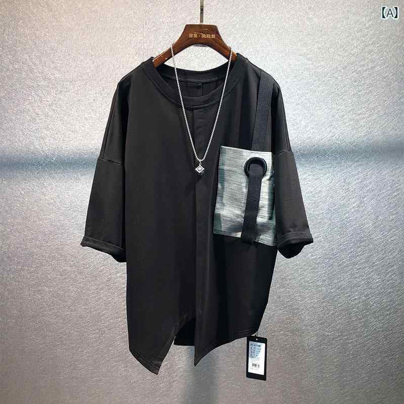メンズ ファッション スプライシング 大きい ポケット ワークウェア Tシャツ 夏 非対称裾 ストリート
