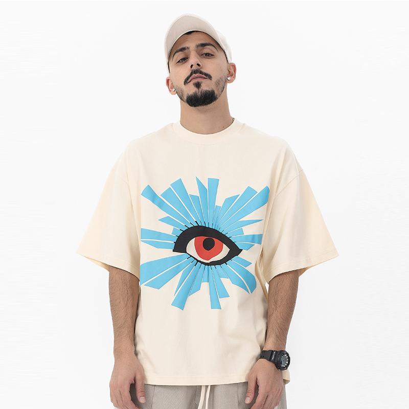 Tシャツ 半袖 夏 ゆったり アメリカン ストリート スケーター メンズ カジュアル おしゃれ ヘビーウェイト Ｔシャツ オール シーイング アイ フォーム プリント オーバー サイズ 大きいサイズ グレー