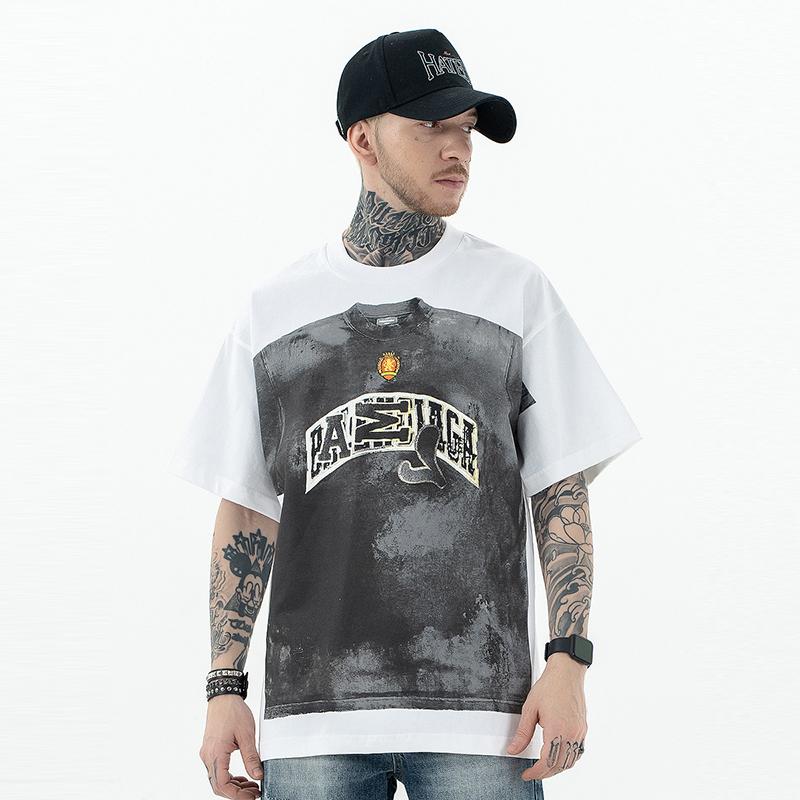 Tシャツ 半袖 夏 ゆったり アメリカン ストリート スケーター メンズ カジュアル シャツ おしゃれ フェイク ツーピース 手描き 落書き風 プリント オーバーサイズ シック ショート