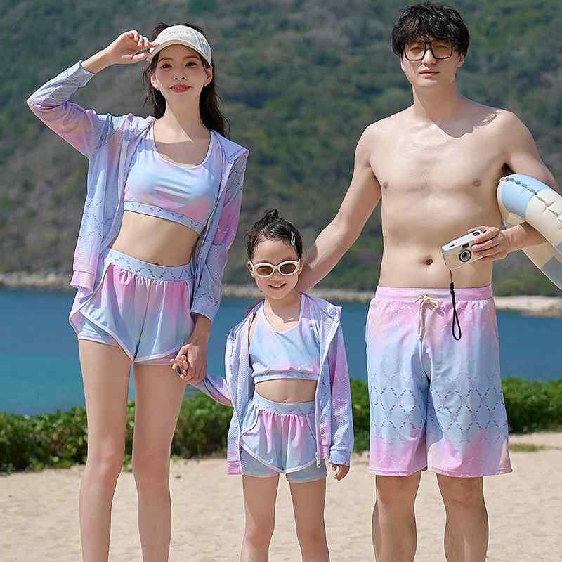 水着 家族お揃い スリーピース セパレート パーカー 水色 グラデーション 長袖 ハーフパンツ フード付き 日焼け防止 親子ペア パパ ママ 女の子 リンクコーデ