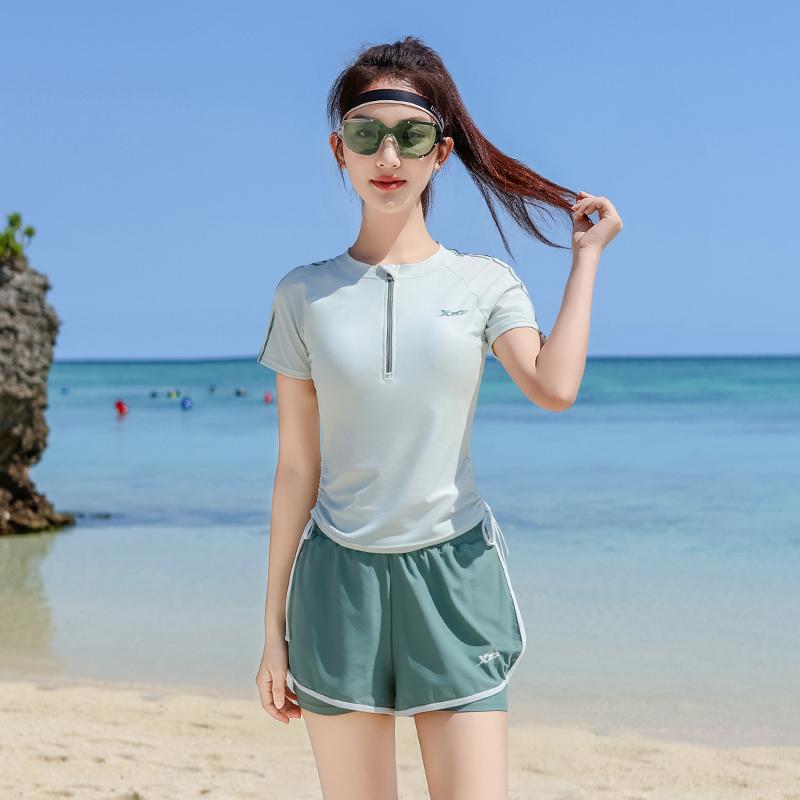 スポーツ 水着 ツーピース ボクサーパンツ スイムウェア 半袖 ジッパー ラウンドネック 胸パッド付 セパレート カジュアル スリム 体型 お腹 カバー トレーニング ビーチ レディース 軽量 ソフト