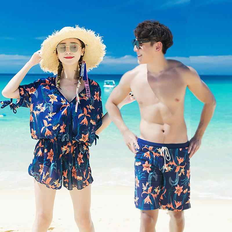 水着 カップル ペアルック レディース メンズ ビーチパンツ 青系 ブルー フローラル ワンピース ３点セット アウター 半袖 ラッシュガード ウエストギャザー 韓国風 花柄 パンツ リゾート スタイリッシュ おしゃれ 快適
