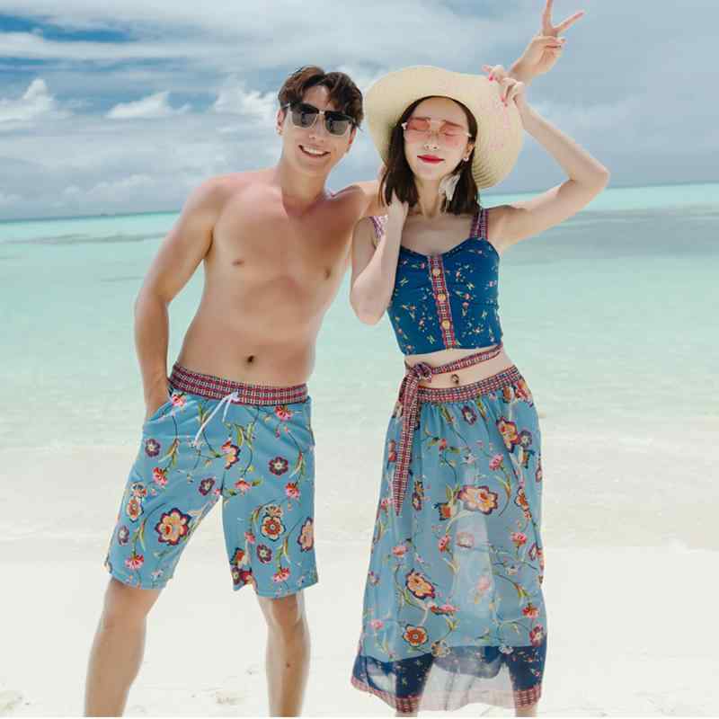 水着 カップル ペアルック レディース メンズ ビーチパンツ ブルー系 エスニック ビキニ ３点セット ボクサーパンツ ロング丈 スカート パレオ パンツ ビーチ リゾート バカンス スタイリッシュ モダン 温泉