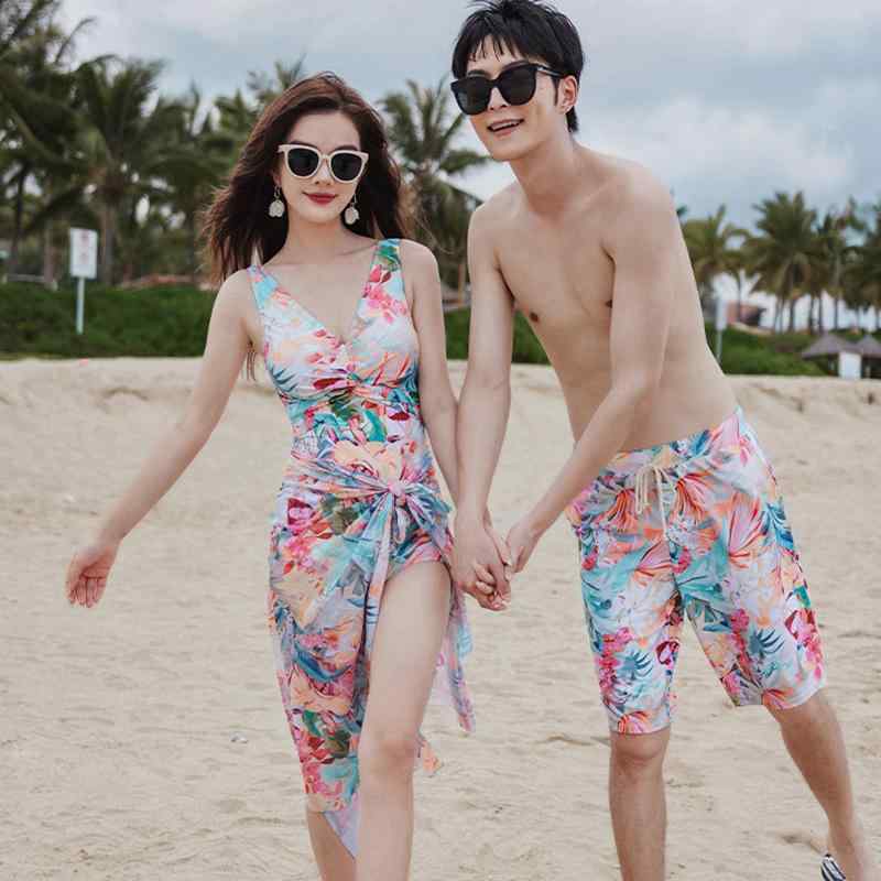 水着 カップル ペアルック レディース メンズ ビーチパンツ ワンピース ２点セット ミモレ丈 巻きスカート ウエストカバー ・覧せ見せ トロピカル 花柄 フローラル パンツ リゾート ビーチ バカンス 温泉 おしゃれ