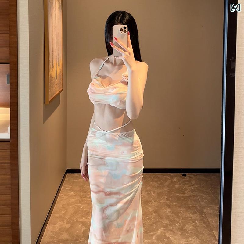 花 ビーチ ホルターネック 魅惑的 エレガント ツーピース ロングスカート 胸パッドあり ビキニ セクシー リゾート 水着 レディース 女性