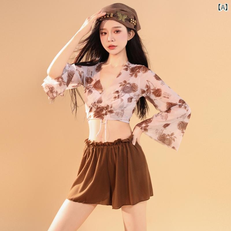水着 レディース 女性用 ビキニ セパレート ブラウン 茶色 レース 花柄 スカート パンツ 花柄 小さい胸 ボレロ 3点セット リボン 胸パッド ワイヤー付き