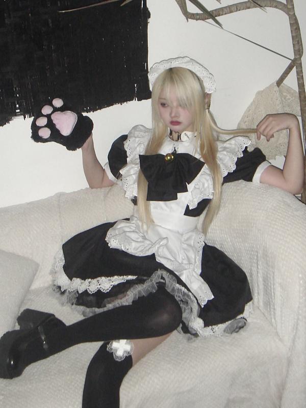 ワンピース レディース コスプレ メイド服 ハロウィン 仮装 衣装 ガーリー 和風 アニメ好き モノトーン 白黒 ビッグリボン かわいい フリル 半袖