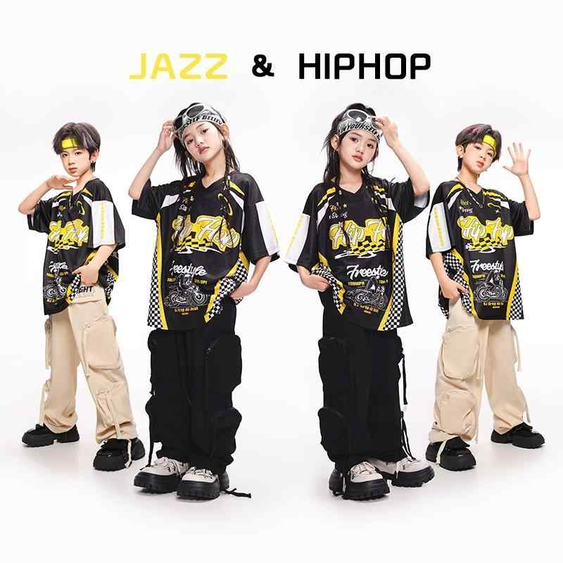 キッズ ダンサー 衣装 チーム 練習着 グループ ストリート ジャズ ヒップホップ ダンス 子供服 オーバーサイズ 速乾 半袖 パフォーマンス 男女 スポカジ フェス