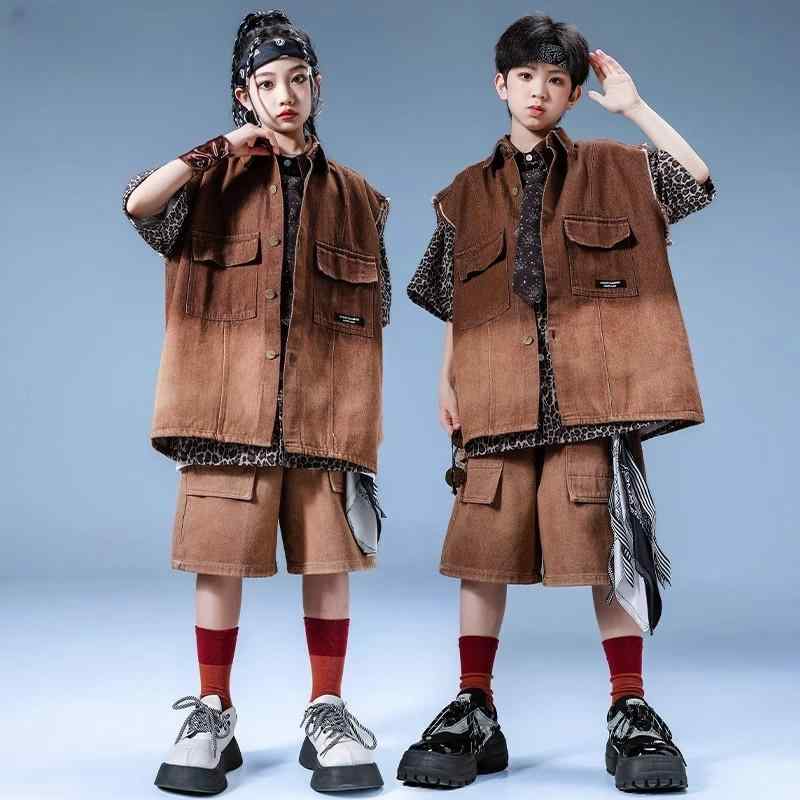 ヒップホップ ストリートファッション 衣装 クール ダンス ポップ 子供服 キッズ ユニーク ヒョウ柄 セットアップ ボーイ ガール パフォーマンス かっこいい