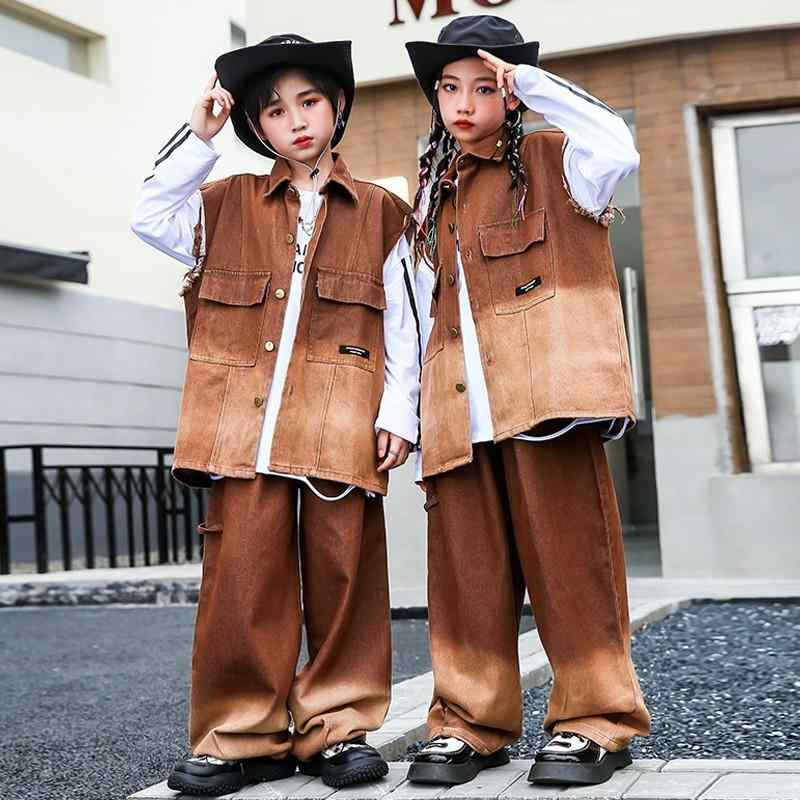 子供 ボーイズ ガールズ ファッション パフォーマンス イベント ステージ ヒップホップ ストリート ダンス セットアップ グラデーション デニム ベスト パンツ 長袖シャツ クール