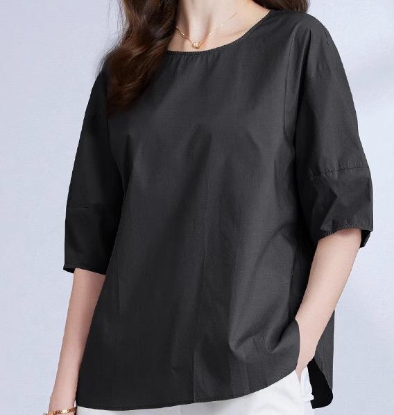 レディース トップス 半袖 五分袖 大きいサイズ ゆったり 黒 薄茶 Tシャツ ラウンドネック 高級感 細かい プリーツギャザー ドレープ スリミング ・覧せ見せ 上品 エレガント 大人カジュアル 快適