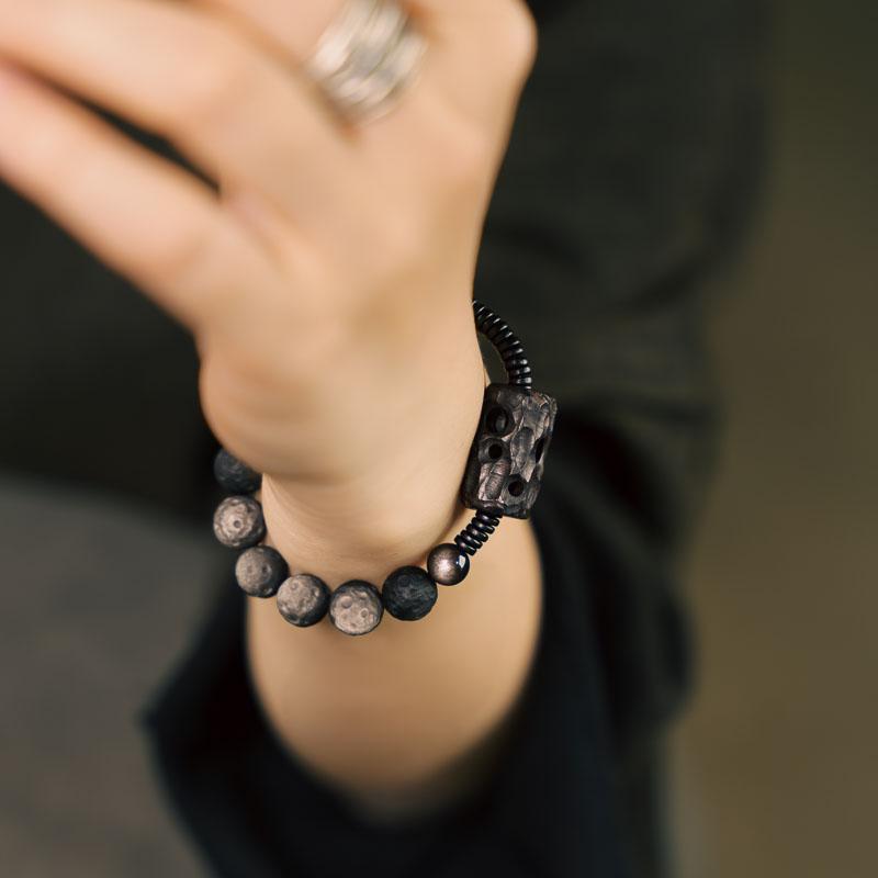 ブレスレット レディース メンズ つや消し シルバー 黒曜石 レトロ ハンド アクセサリー シンプル ギフト モダン