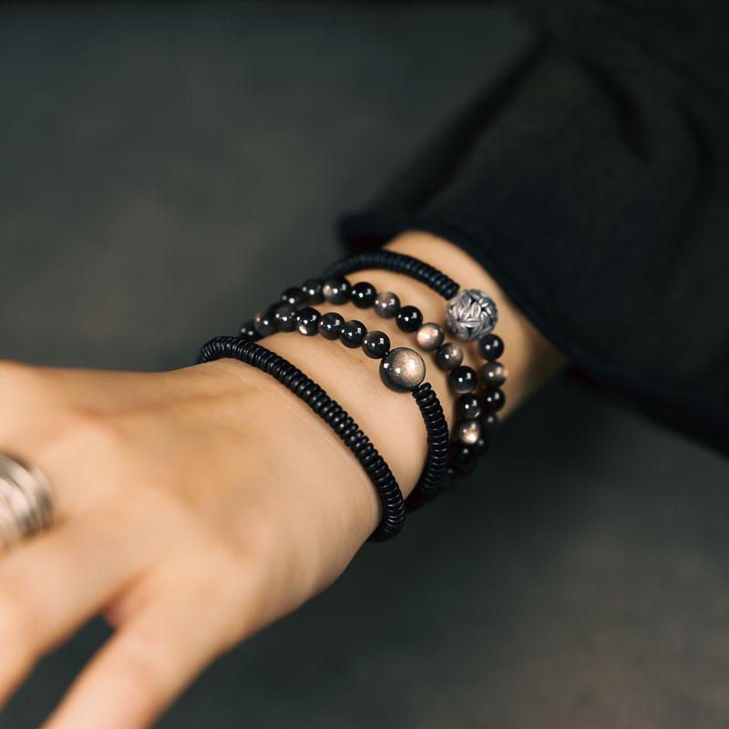 数珠 ブレスレット レディース メンズ シルバー 黒曜石 レトロ 個性 アクセサリー ファッション 上品 モダン ギフト