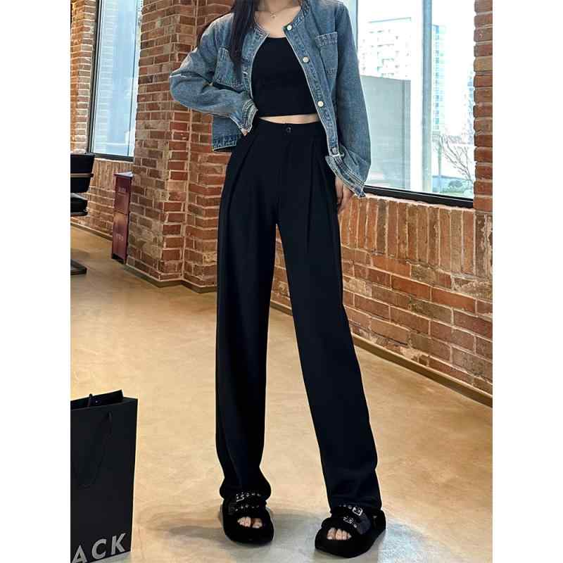 パンツ ズボン ボトムス デニム おしゃれ ファッション シンプル ドレープ ハイウエスト ワイドレッグ 夏 ストレート カジュアル グレー フロアレングス