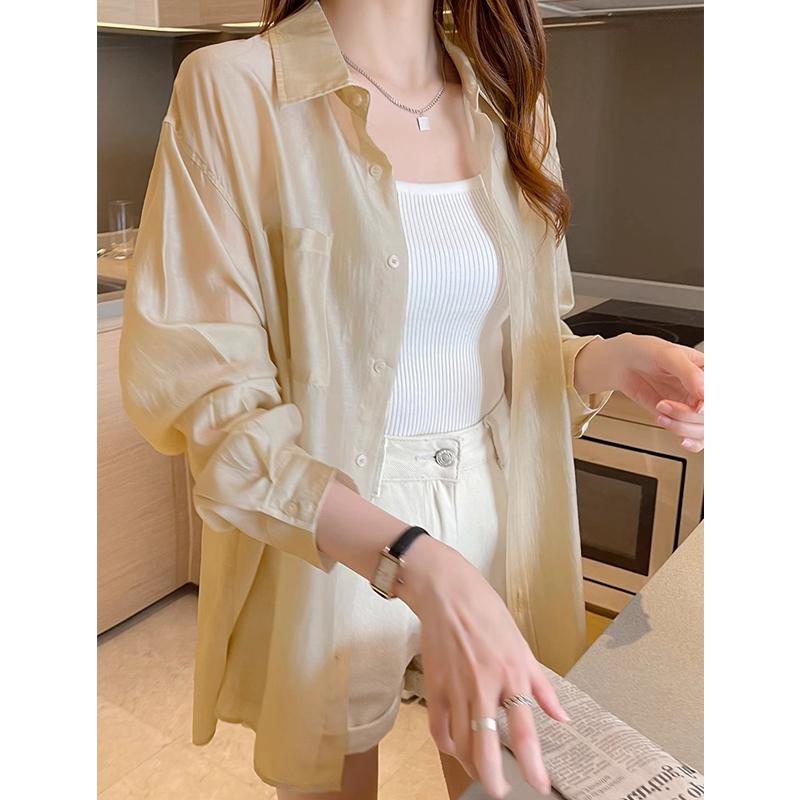 日焼け防止 服 女性 夏 冷感 通気性 薄手 シャツ トップス ジャケット レディース ファッション ゆったり 長袖 ポロ襟 アプリコット シンプル 無地|ラ・グラーヌ