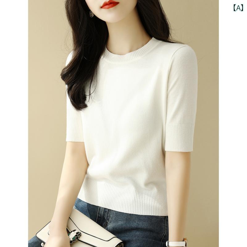 Tシャツ トップス レディース おしゃれ ファッション シンプル 冷感 半袖 夏 薄手 スリムフィット ニット ラウンドネック 無地 大きいサイズ カジュアル|ラ・グラーヌ