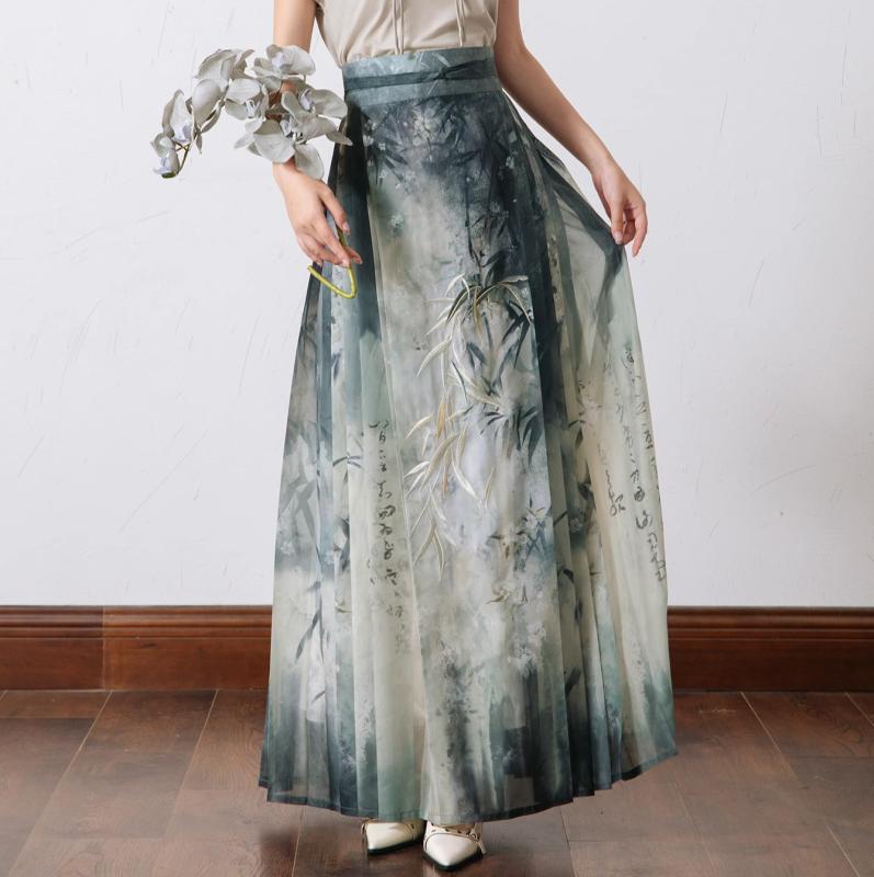 レディース 巻きスコート ロング 筋目 瀬戸もの風 中華表現スタイル 薄薄墨色ブル ぼかし染め グラデーション フローラル 竹の葉 花 刺しゅう 漢文 刷り上げる 民族御召しもの 中華言い慣わし 窈窕たる 今めかしい 心ゆかしい 軽さ