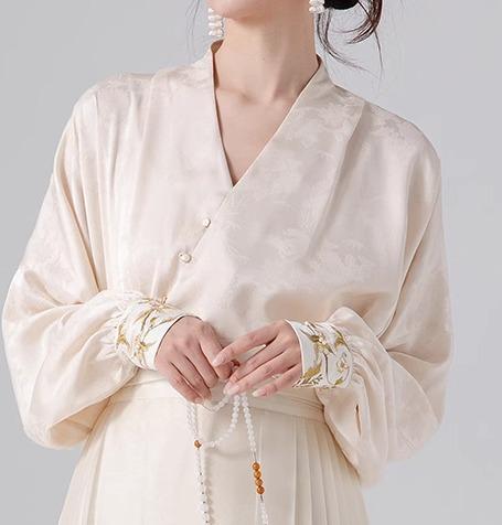 レディース トップス シャツ 長袖 チャイナ風 白 ジャガード織 フローラル 花柄 Vネック クロス合わせ 中華風ボタン 斜め ゆったり 袖口 刺・墸 桜 枝葉 カラフル 中華伝統美 高品質 エレガント｜ラ・グラーヌ