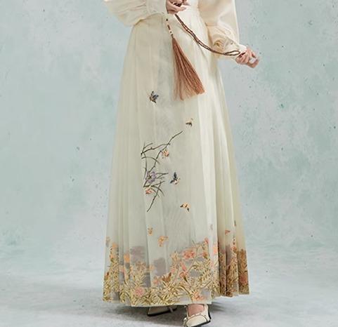 レディース スカート ロング プリーツ チャイナ風 中華スタイル 巻きスカート 白 中華伝統 植物 花 蝶 フローラル 刺繍 モダン エレガント 伝統美 華やか 涼感 フェミニン 現代風アレンジ