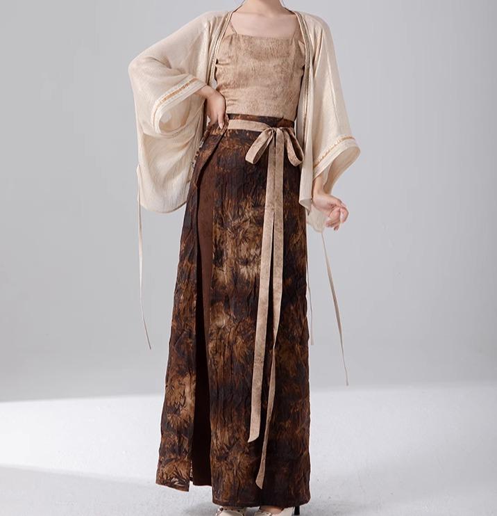 レディース 背広 ３点仕掛ける セットアップ 瀬戸もの風 漢服 アウター 長袖 ジレー 象牙色 ドレープ シフォン 貯蔵タンクとっ始め うす茶色 シャーリング 巻きスコート ロング 茶 ぼかし染め 窈窕たる