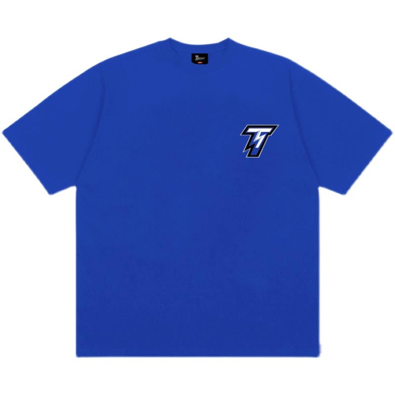 メンズ 稲妻 ロゴ Tシャツ 青 ブルー 夏 プリント ゆったり 半袖 アメリカン ストリート カップル カジュアル