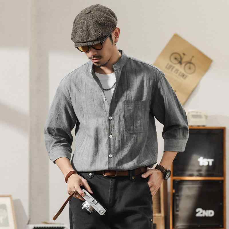 メンズ ファッション 高級感 クール コットン リネン おしゃれ 七分袖 シャツ ゆったり 夏 シンプル お父さん 薄手 リネン 通気性 カジュアル ワークウェア