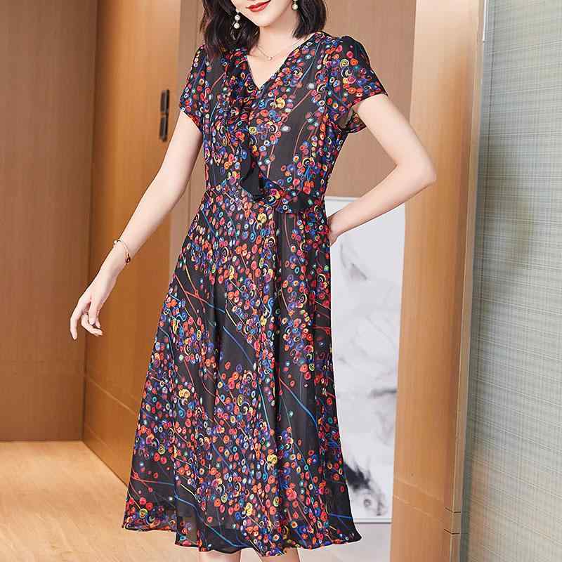 大きめサイズ レディース シフォン 花柄 ワンピース ドレス 韓国 夏 若見え 薄手 フリル ビジネス アーバン スタイリッシュ エレガント デイリーユース｜ラ・グラーヌ