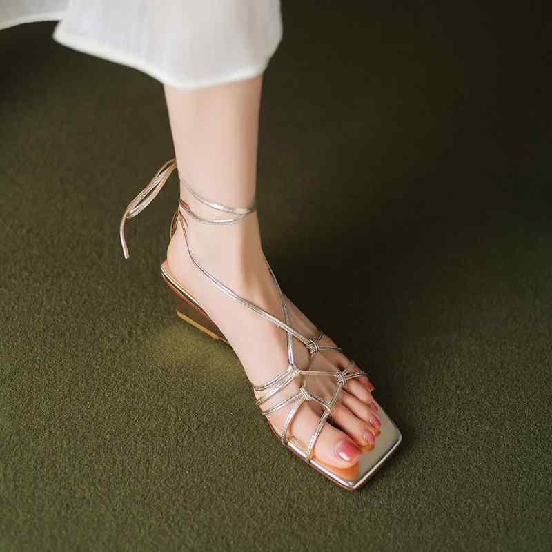 サンダル レディース オープントゥ 厚底 5cm ヒール クロス ストラップ 革 夏 軽量 おしゃれ 万能|ラ・グラーヌ