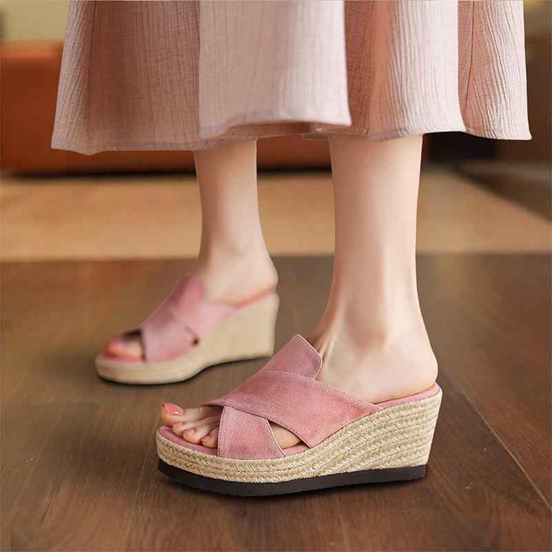 サンダル 7CM マット 革 厚底 ハイヒール ストローヒール オープントゥ ウェッジヒール レディース 夏 アウトドア ミュール おしゃれ お出かけ ショッピング デイリーユース スタイリッシュ