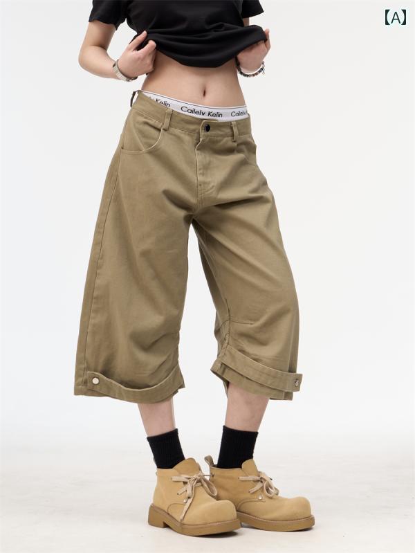 レディース パンツ アメリカン レトロ クロップド ワイドレッグ ショーツ カジュアル シンプル ボーイッシュ ヴィンテージ ユニセックス