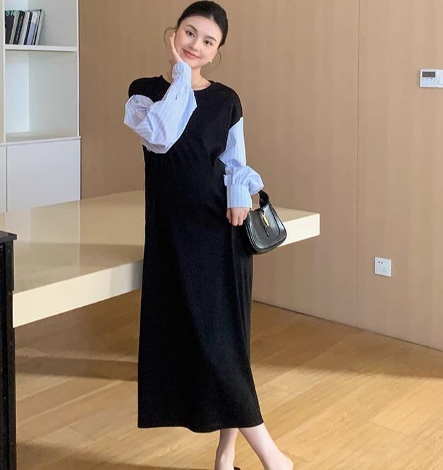 ワンピース マタニティウェア 春 フェイクツーピース ランタンスリーブ 春夏ファッション 妊婦 ロング マタニティドレス ガーリー キュート かわいい おしゃれ デイリー