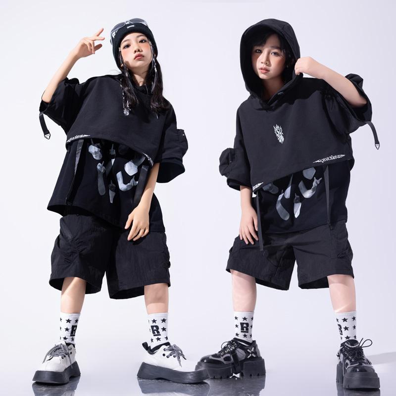 子供服 ストリートファッション ダンス ダンサー 半袖 セットアップ かっこいい 黒 ダーク シンプル クール 練習着 キッズ ヒップホップ ステージ 衣装