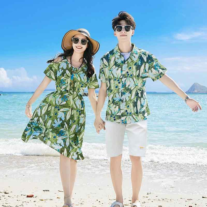 リンクコーデ ワンピース 半袖 Tシャツ ユニセックス リゾート 夏 カップル バカンス 花柄 トロピカル リラックス おしゃれ 旅行 お揃い ペアルック