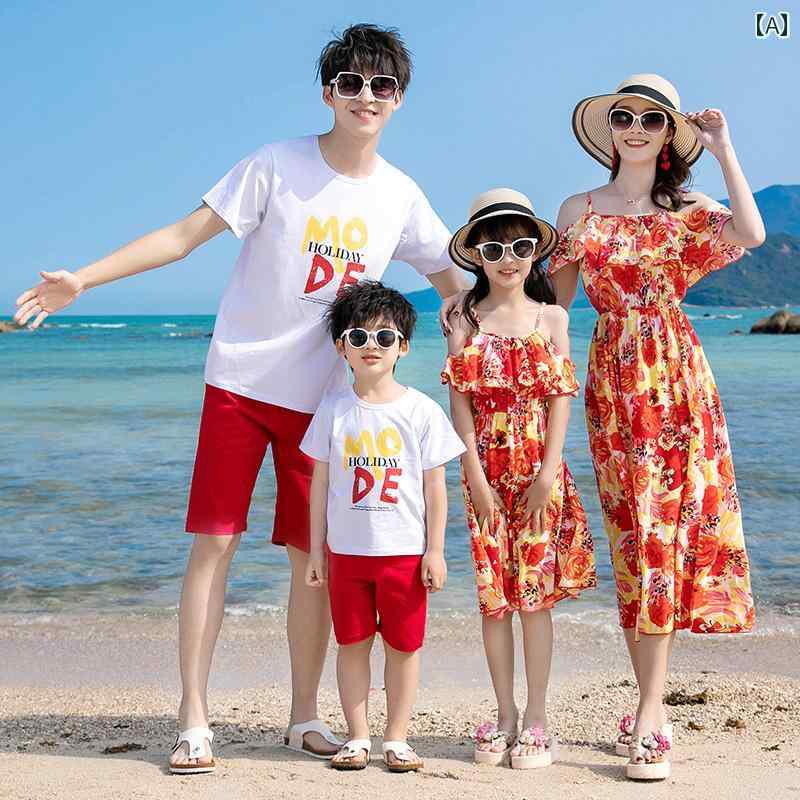 旅行服 カップルウェア お揃い ペアルック ユニセックス ファミリーファッション 夏 リゾート ビーチ 半袖 Tシャツ パンツ ワンピース カジュアル