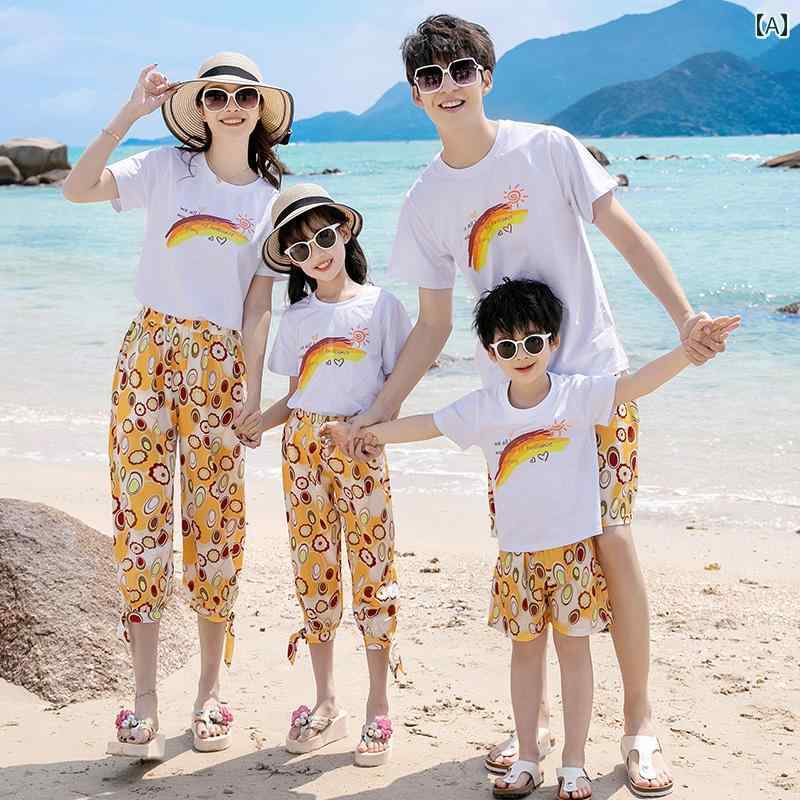 家族服 リンクコーデ カップルウェア お揃い ペアルック 半袖 Tシャツ パンツ ワンピース ビーチ 夏ファッション リゾート ユニセックス バカンス トロピカル