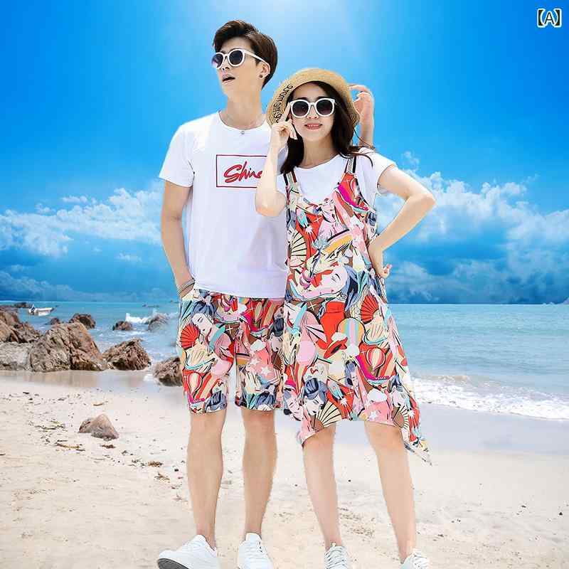 旅行服 カップルウェア お揃い ペアルック 半袖 Tシャツ パンツ ワンピース 夏コーデ 海辺 ホリデー バカンス リゾート おしゃれ