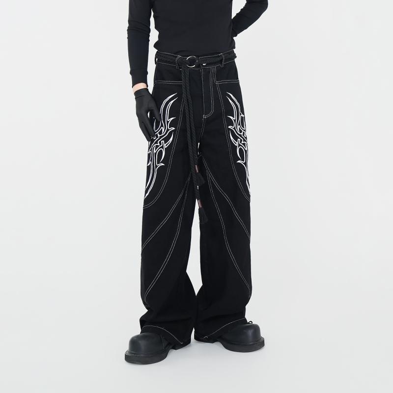 アメリカン ストリートファッション 通気性 クール ワイドレッグ メンズ レディース パンク 黒 ストレートパンツ ジーンズ レトロ ライブ かっこいい 刺・墸